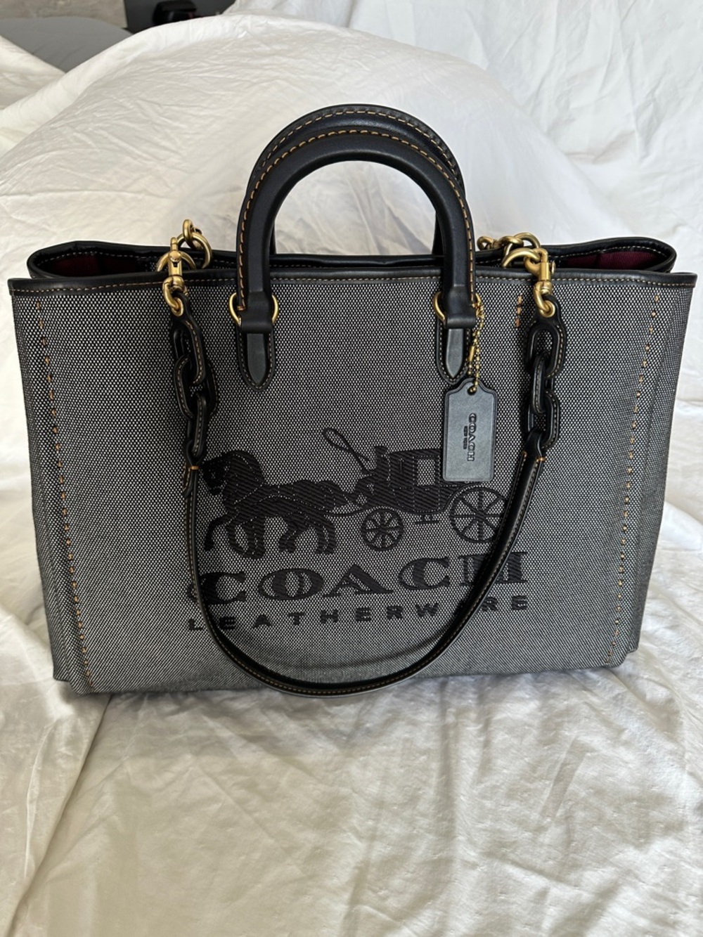 Coach Gray Canvas Tote with Black Leather Trim and Gold Hardware